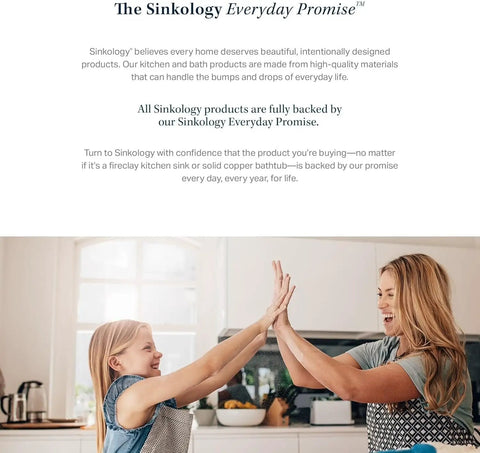 Two women smiling and high-fiving in a kitchen, promoting the Sinkology Everyday Promise for durable home products.