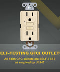 Close-up of 15 Amp GFCI Outlets With LED Indicator And Self Test For Easy No Fuss Install Slim Duplex Receptacles in ivory color.