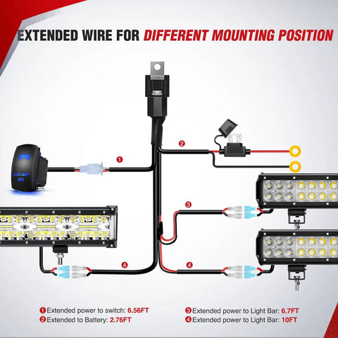 Diagram of LED Light Bar Wiring Harness Kit Beefed Up Heavy Duty 14 AWG 12V With 3 Leads Power Relay Inline Fuse connections.