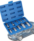 Open blue case displaying Ten Piece 12 Point Triple Splined Bit Socket Set With One Quarter Inch, Three Eighths Inch, And One Half Inch Drives For Auto Repair And Maintenance Pro Grade Heavy Duty Tool Kit Built For Quick Access And Versatile Fasteners on a car illustration.