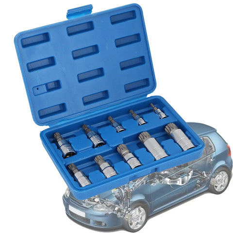 Open blue case displaying Ten Piece 12 Point Triple Splined Bit Socket Set With One Quarter Inch, Three Eighths Inch, And One Half Inch Drives For Auto Repair And Maintenance Pro Grade Heavy Duty Tool Kit Built For Quick Access And Versatile Fasteners on a car illustration.