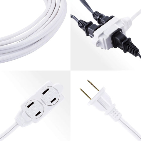 Three Outlet Indoor Extension Cord With Twelve Foot Reach 16 Gauge Power Strip Two Prong Safety Covers Twist To Close UL Listed White