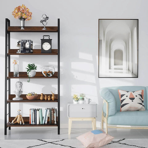 Solid Five Tier Industrial Ladder Bookshelf In Rustic Brown, Steel Frame Leaning Rack For Plants And Daily Gear, Hella Sturdy Freestanding Floor Bookcase For Chill Living Rooms Or Crisp Home Studios