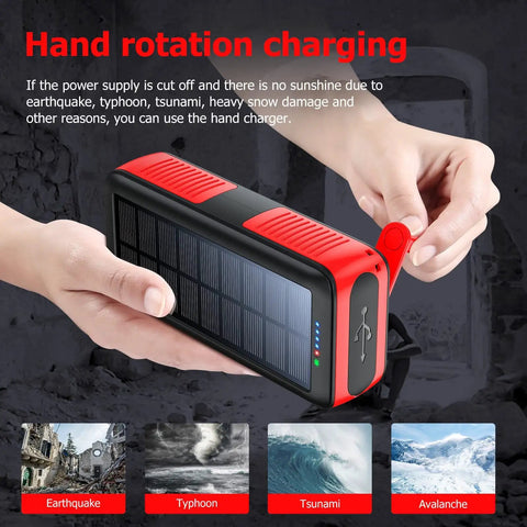 Image of 63200mAh Solar Power Bank with dual outputs, hand crank, and LED flashlight, featured in an emergency charging scenario with disaster icons.