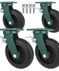 Heavy Duty Industrial Caster Set With Six And Eight Inch Options Swivel Plus Fixed Rolling Designs features solid rubber tires and locking brakes.