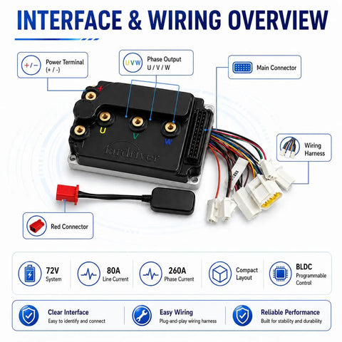 The Full Send 72V Programmable Bldc Motor Controller For Electric Bikes Scooters And Dirt Cycles High Amp Brushless Speed Regulator With Quick Tuning wiring overview with connectors and layout.