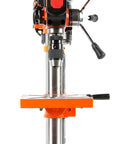 Knockout 10 Inch Benchtop Drill Press With 5 Variable Speeds Up To 3100 Rpm, 3.2 Amp Motor, Built In Laser Guide, Half Inch Keyless Chuck And Solid Cast Iron Table For Badass Weekend Warrior Shops - Front view showing keyless chuck and handle.