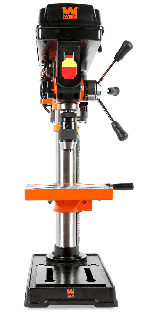 Knockout 10 Inch Benchtop Drill Press With 5 Variable Speeds Up To 3100 Rpm, 3.2 Amp Motor, Built In Laser Guide, Half Inch Keyless Chuck And Solid Cast Iron Table For Badass Weekend Warrior Shops - Front view showing keyless chuck and handle.