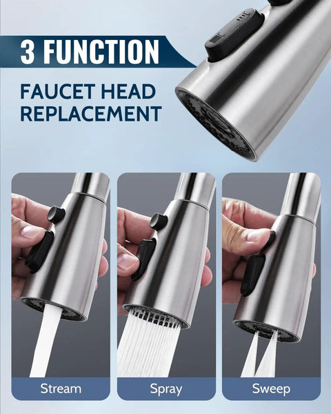 Built Tough Stainless Steel Kitchen Faucet Head Replacement With Three Smooth Spray Modes And Nine Easy Click Adapters solid metal pull down sprayer nozzle.