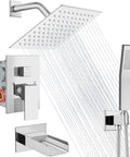 All Metal 3 In 1 Rain Shower System With Square Rainfall Head, Waterfall Shower, Handheld Sprayer, Wall Mounted Tub Faucet Set, 8 Inch Chrome Finish