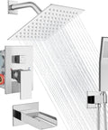 All Metal 3 In 1 Tub And Shower Faucet Set With 10 Inch Square Rainfall Head, Waterfall Shower, Handheld Sprayer, Wall Mounted Tub Spout