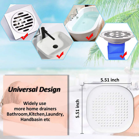 Square Drain Hair Catcher With Strong Suction Cups For Shower And Tub Easy To Install Silicone Hair Stopper Drain Cover Kitchen And Bath 2 Pack Grey White No Fuss Drain Filter, universal design shown with dimensions and applications.