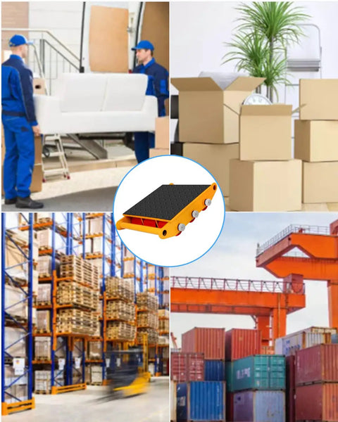 Heavy Duty Machine Skates 33000 Lbs Capacity Dolly With Anti-Slip Belt in use moving furniture and boxes in warehouse setting.