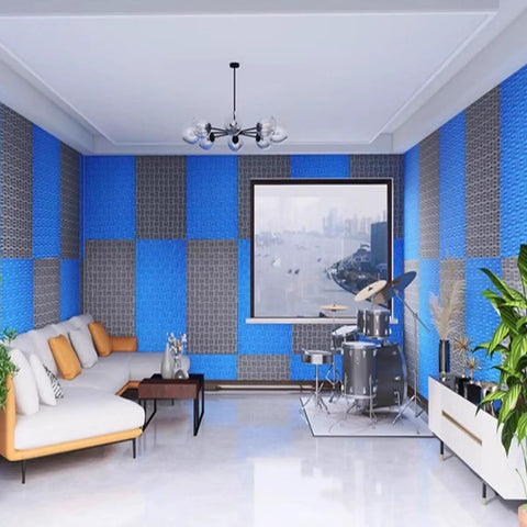 Badass Self Stick Acoustic Foam Wedges For Sound Proof Walls And Studio Ktv Panels High Density Closed Cell Noise Dampening Pads in a vibrant home studio.