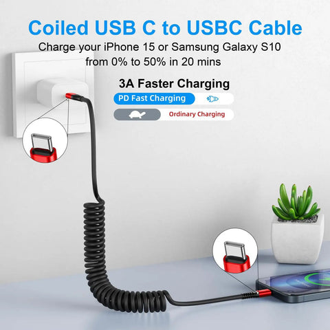 Coiled USB C to USB C car cable 3ft red fast charge data transfer connected to phone with PD fast charging indicator