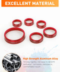 Front view of six red billet aluminum control knob trim rings for Ford Bronco interior (2021–2025).