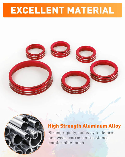 Front view of six red billet aluminum control knob trim rings for Ford Bronco interior (2021–2025).