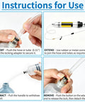 Instructions for use of Heavy Duty 500cc Fluid Extractor Pump showing hose insertion, extension, extraction, and removal steps.
