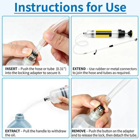 Instructions for use of Heavy Duty 500cc Fluid Extractor Pump showing hose insertion, extension, extraction, and removal steps.