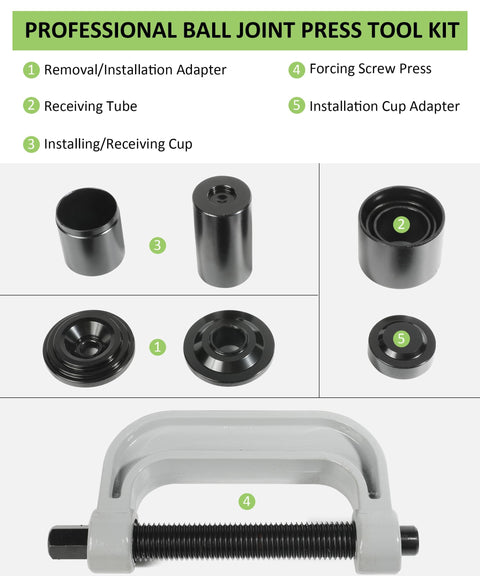 Heavy Duty Ball Joint Removal Tool Kit with 4x4 Adapters, U Joint Press, receiver tubes, and installation adapters layout