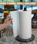 Person using Blue Pearl Granite Paper Towel Holder With Marble Base And Metal Rod 8 Inch Countertop Stand For Standard And Jumbo Rolls Durable Sturdy Kitchen Organization And Norway Inspired Design