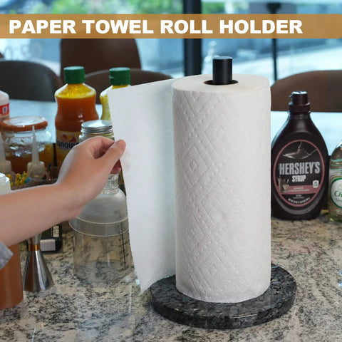 Person using Blue Pearl Granite Paper Towel Holder With Marble Base And Metal Rod 8 Inch Countertop Stand For Standard And Jumbo Rolls Durable Sturdy Kitchen Organization And Norway Inspired Design