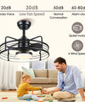 Caged Ceiling Fan With Lights In Black, Outdoor Ceiling Fan With Remote, Reversible 8 ABS Blades, Low Profile Indoor Outdoor Fixture