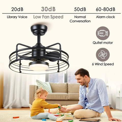 Caged Bladeless Ceiling Fan With Light Remote Control Reversible And Dimmable LED Ring Low Profile Flush Mount Black over family room.