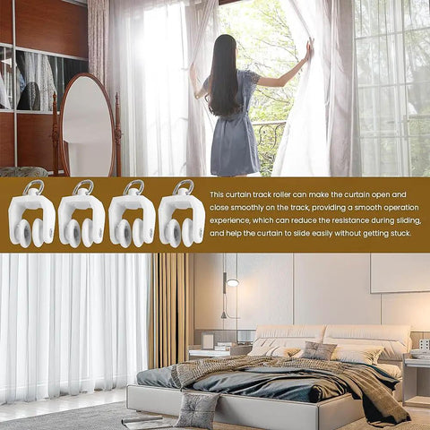 Fifty Piece Heavy Duty Ceiling Curtain Track Rollers With Flexible Bendable Clips and Rock Solid Construction For No Fuss Sliding In Modern Home Spaces in a stylish bedroom.