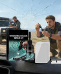 Windshield Crack Repair Kit Do It Yourself Glass Repair Solution Quick Fix For Home Roadside And Auto Shop Use Three Step Process To Restore Chips And Cracks With Invisible Finish And Durable Seal kit with liquid and tools next to cracked windshield.