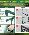 Comparison of reinforced stool and tool tote features, highlighting durable design and stability of garden kneeler and seat.