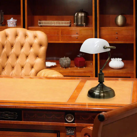 Boss Level Executive Banker's Desk Lamp With Glass Shade In Antique Nickel And White Finish on office desk