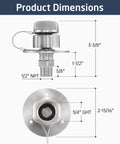 Front and side views of KES all-metal RV water inlet with check valve, brushed 18/8 stainless, 1/2 in NPT, mounting flange