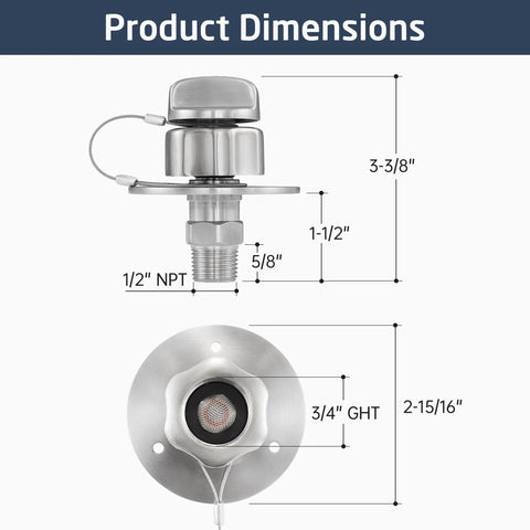 Front and side views of KES all-metal RV water inlet with check valve, brushed 18/8 stainless, 1/2 in NPT, mounting flange