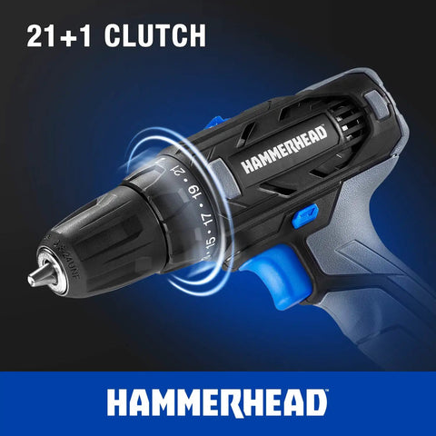 Close-up of 20V Cordless Drill Driver Kit with 1.5Ah Battery and Charger showing 21+1 clutch and keyless 3/8 inch chuck.