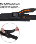 Instructions for Adjustable Cam Buckle Lashing Straps 6 Ft 1 In Wide showing threading through buckle.