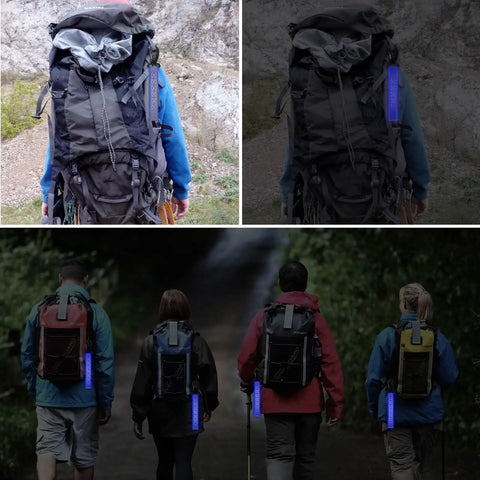 Six Pack Blue Reflective Straps For Backpacks And Gear With Glow In The Dark Visibility For Night Running Cycling Hiking Walking Climbing Camping And Night Safety attached to backpacks during daytime and nighttime.
