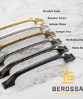 Row of cabinet pulls including Oil Rubbed Bronze Cabinet Pulls 3 Inch 76mm 10 Pack brushed bronze handles, labeled with different finishes.