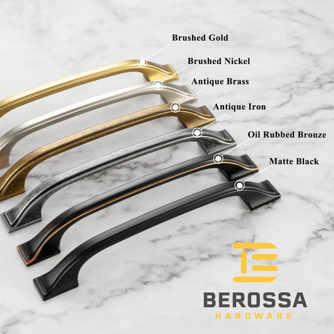 Row of cabinet pulls including Oil Rubbed Bronze Cabinet Pulls 3 Inch 76mm 10 Pack brushed bronze handles, labeled with different finishes.