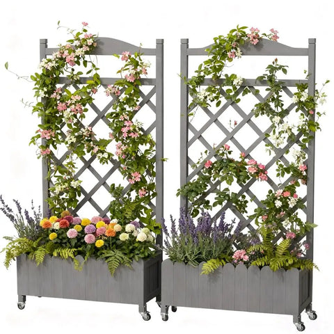 Two Pack Planter Box With Trellis And Wheels, 48 Inch Elevated Raised Garden Bed With Drainage Holes, Outdoor Lattice For Climbing Flowers And Veggies