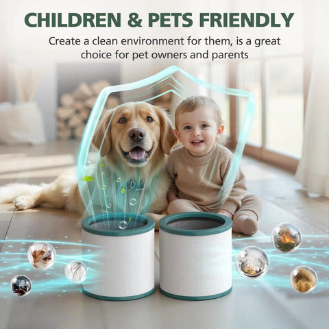 HEPA Replacement Filter For Tower Purifier Pure Cool Link TP01 TP02 TP03 AM11 BP01 Models 968126-03 2 pack with a child and dog.
