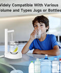 Child drinking water beside 5 Gallon Desktop Water Dispenser With Portable Pump Countertop Electric Water Pump For Home Office Desk And Outdoor Use USB C Fast Charging Compact Cool White