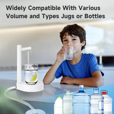 Child drinking water beside 5 Gallon Desktop Water Dispenser With Portable Pump Countertop Electric Water Pump For Home Office Desk And Outdoor Use USB C Fast Charging Compact Cool White