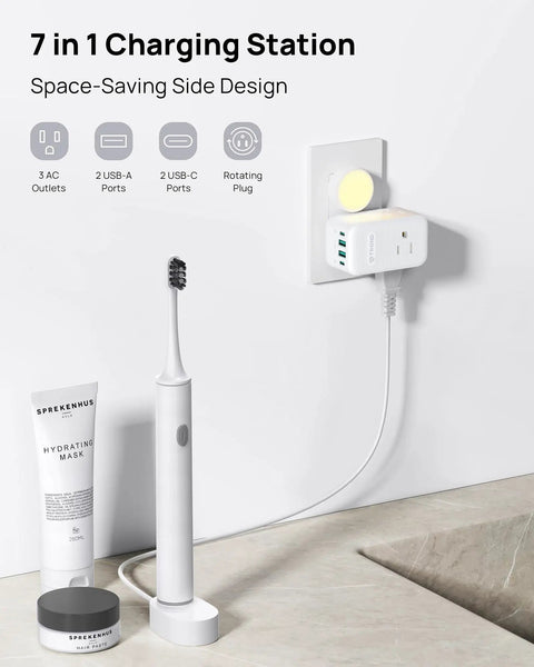 Heavy Duty Multi Plug Outlet Extender With Dual PD 20W USB C Fast Chargers And Three AC Sockets Flex Your Tech Stash At Home Or On The Go Without Cable Drama Ever in use with toothbrush and beauty products.