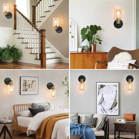 2 Pack Black And Gold Wall Sconces With Clear Glass Shades Sleek Modern Farmhouse Vanity Lights in various room settings
