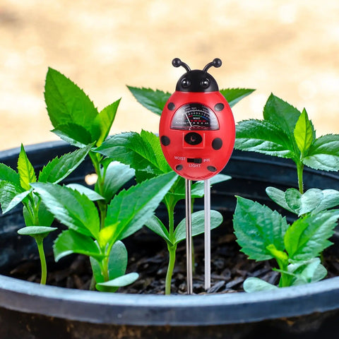 3 In 1 Ladybug Soil Tester Kit for Garden and Lawn in pot with green plants, measures pH moisture nutrients, red plastic alloy.