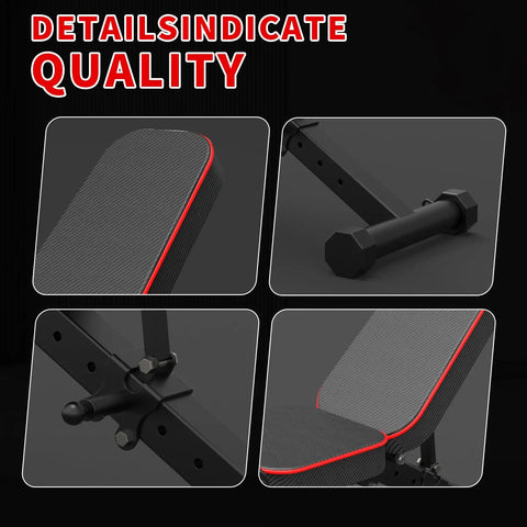 Close-up of Beefy Adjustable Weight Bench details including backrest angles and sturdy construction for home gym use.