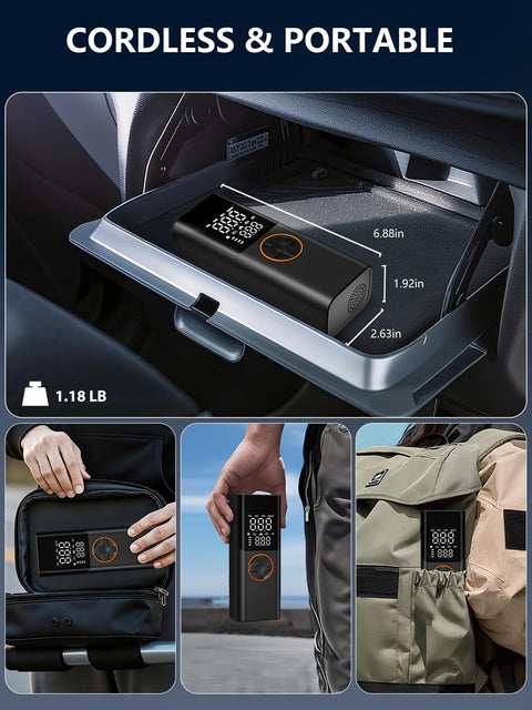 Portable Tire Inflator Air Compressor With 150 PSI Cordless Convenience, shown stored in car, backpack, and held by hand.