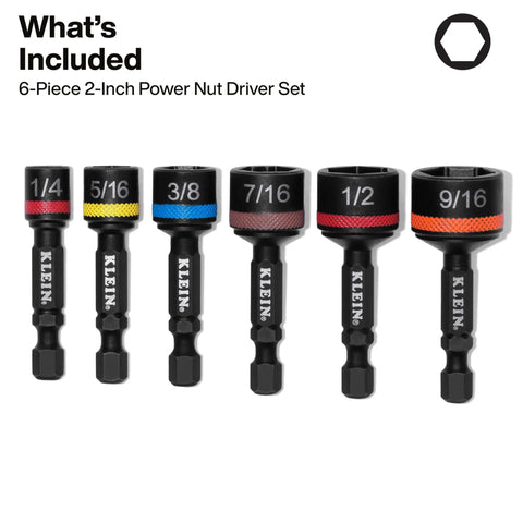 2 Inch Magnetic Power Nut Setters 6 Piece SAE Sizes For Impact Drivers color-coded with visible sizes 1/4 to 9/16 inch