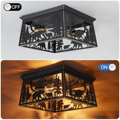 Bear Rustic 2 Light Farmhouse Flush Mount Ceiling Light With Metal Cutout Sides In Anti Rust Black Finish for Log Cabin Decor